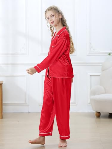 Boys Girls Pajama Set 2 Pieces Cute Girls Satin Pajamas Long Sleeve + Pants, Silky Button Down PJ Set Size 5-143