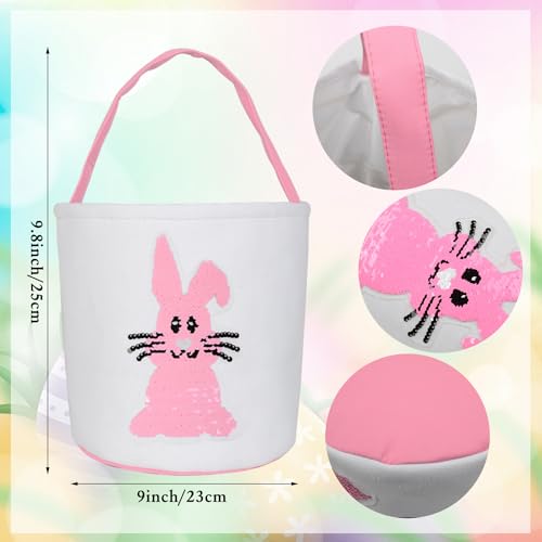 Image of Huaerle 2 Pack Easter Bunny Basket Bags for Kids,Easter Bunny Basket Egg Bags, Easter Egg Hunt Basket with Handle,Canvas Fluffy Tails Rabbit Bags Buckets for Party Gifts(Pink+Purple)