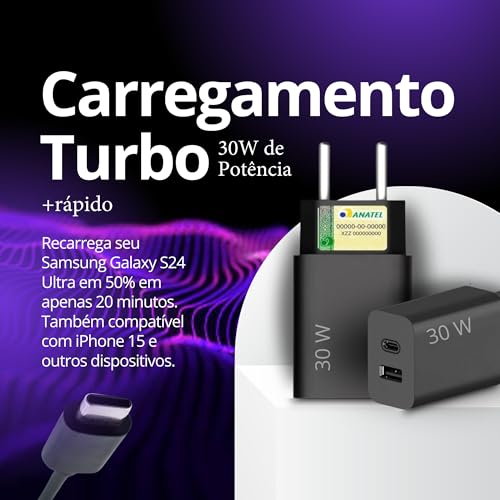 Kit Carregador Turbo 30W Porta Dupla (USB-C + USB-A) + Cabo USB Tipo C de 1m, Compatível com Celular