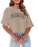 Tankaneo Womens Los Angeles California Letter Print Cropped T Shirt Half Sleeve Crop Tees Round Neck Summer Crop Tops