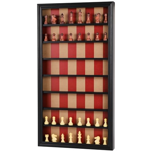 Grhonior Wall Mount Chess Board Game Wooden Giant Chess Game Set Vertical Hanging Display Case Family Play Game Art Decor for Home (Black)