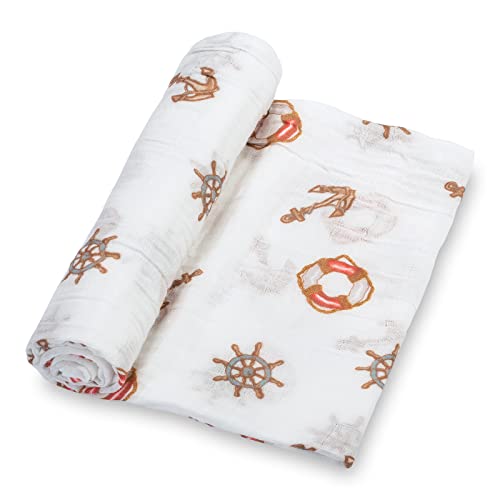 Image of LollyBanks Muslin Swaddle Blanket, 100% Muslin Cotton Neutral Baby Blanket for Girls and Boys, 47 X 47 Inches Soft and Cozy Newborn Swaddle Lightweight, Baby Essential, Registry (Boat Anchor Print)