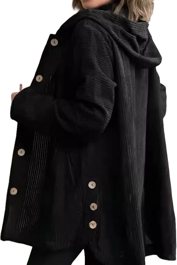 Womens Button Down Hooded Corduroy Shirt Jacket Loose Long Sleeve Solid Color Oversized Outwear Coats with Pockets