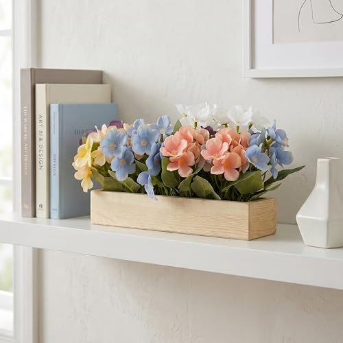 Image of Dekorly Artificial Hydrangea Flower Arrangement with Wooden Planter (24 CM) | Premium Realistic Floral Decor for Table & Living Room | Stylish Indoor Decor for Living Room