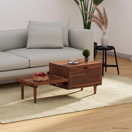 Image of KOVA Solid Sheesham Wood Coffee Table & Centre Table for Living Room with Lift-Down Shutter Storage and Open Side Tray (Wavy, Honey Finish)