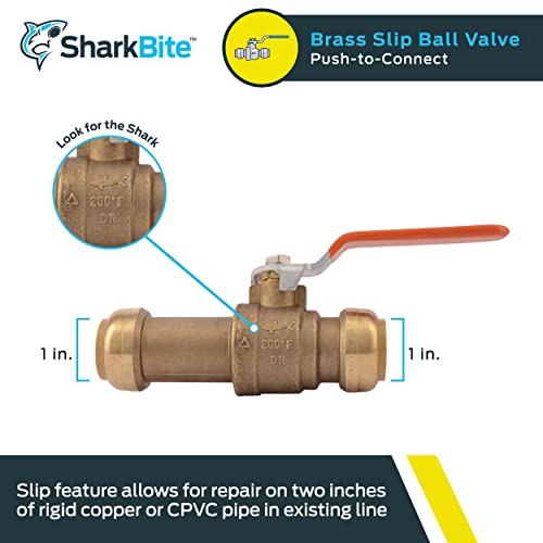 Image of SharkBite 1 Inch Slip Ball Valve, Push to Connect Brass Plumbing Fitting, PEX Pipe, Copper, CPVC, PE-RT, HDPE, 24737LF