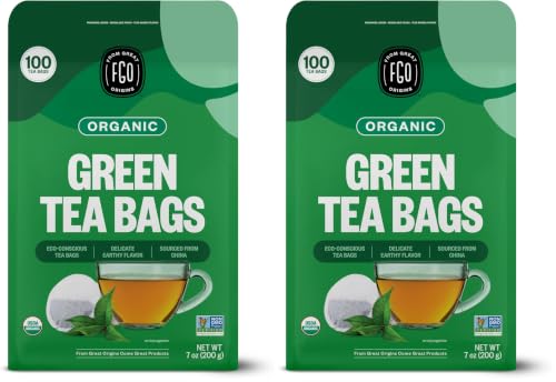 FGO Organic Green Tea, 100 Count Eco-Conscious Tea Bags, Caffeinated, Resealable Pouch, Packaging May Vary (Pack of 2)