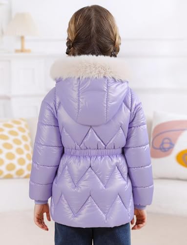 SEAUR Girl's Fleece Jackets Hooded Faux Fur Trim Winter Shiny Coat Long Sleeve Padded Outwear Snow Puffer Jackets 3-9T2