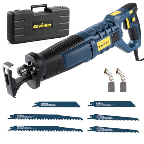 Enventor 850W Reciprocating Saw Electric Wood Saw with 6 Saw Blades 2800 SPM 6 Variable Speed 28mm Stroke Length Tool-Less Blade Change 180 Rotatable Handle for Cutting Wood PVC and Metal