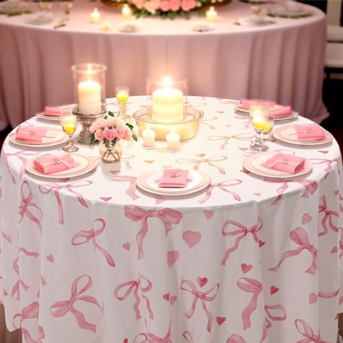 Image of Ganeen 6 Pcs Pink Bow Tablecloths 84 Inch Plastic Round Table Covers Waterproof Coquette Birthday Party Decorations Pink Bow Favors Table Covers for Women Bridal Baby Shower Bachelorette Party Decor
