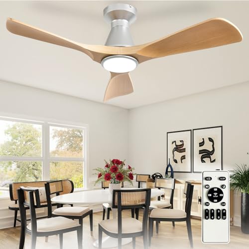 Image of Depuley 42-Inch Ceiling Fans with Lights: Wood 3 Blade Flush Mount Low Profile Ceiling Fan for Bedroom - Dimmable Indoor Outdoor Fan with Remote Control Ultra Quiet DC Motor Timer