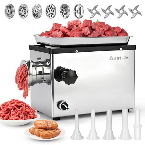 Anatole Hachoir a Viande Électrique Professionnel 1300W Acier Inoxydable Farce à Saucisse Multifonctions avec 4/6/8/10/12mm/3-Trous Plaques de Broyage 1 Remplisseur de...