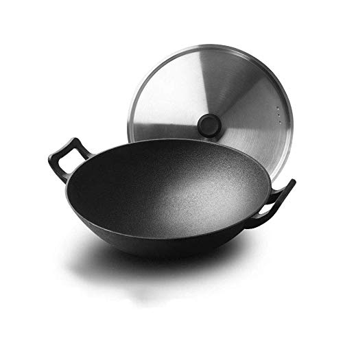 Pot en fonte à fond rond 32cm avec couvercle inox pour induction
