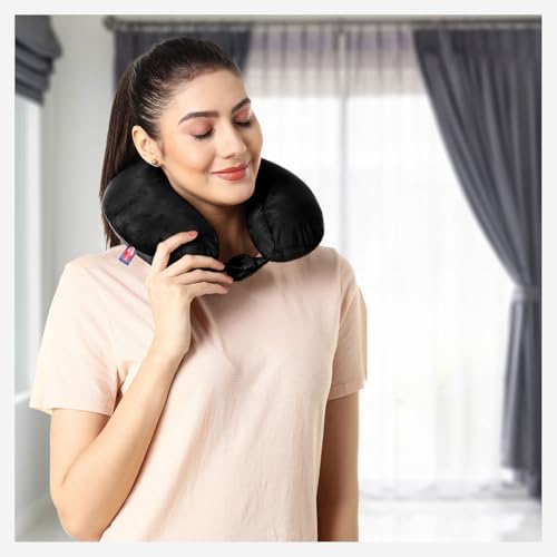 Image of Sassoon Memory Foam Travel Neck Pillow (Black, Pack of 1) - Ergonomic Support, Soft Breathable Washable Cover, Lightweight with Carry Loop for Travel & Home