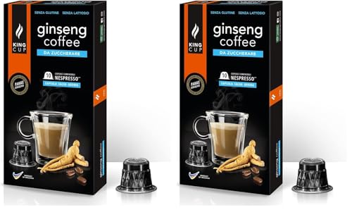 King Cup - 2 Paquet de 10 Capsules de Ginseng Sans Sucre, 10 Capsules 100% Compatible avec le Système Nespresso de Boisson Aromatisée Ginseng, Sans Gluten et Sans Lactose