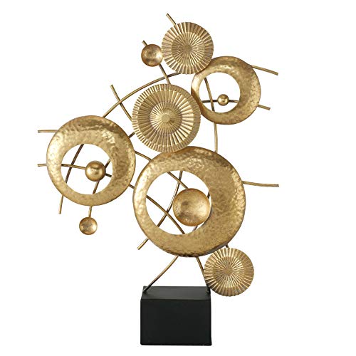 Modernist Connected Rings Art Sculpture, Gallery Base, Golden Gilt, Rods, Hammered, Ruched Discs, Hammered and Patina Surfaces, Hand Welded and Painted, 27.5 H inches, 4.5 lbs, Free Standing