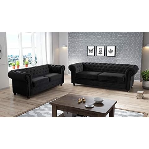 MK SOFAS Chesterfield 3 and 2 Seater Sofa Sets - A Luxurious & Modern Chesterfield Sofas for Living Room 3 Plus 2 Seater - Black Plush Velvet Fabric Chesterfield Style Cover