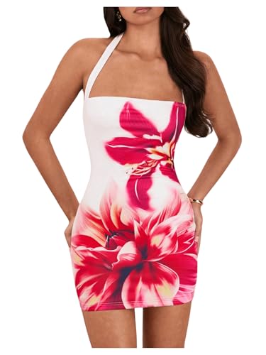 OYOANGLE Women's Floral Print Y2K Mini Dress Halter Neck Sleeveless Fitted Short Dresses