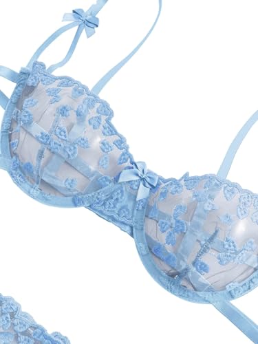 Image of Lilosy Sexy Tie Side Cute Underwire Push Up Strappy Embroidered Mesh Sheer Lingerie Set
