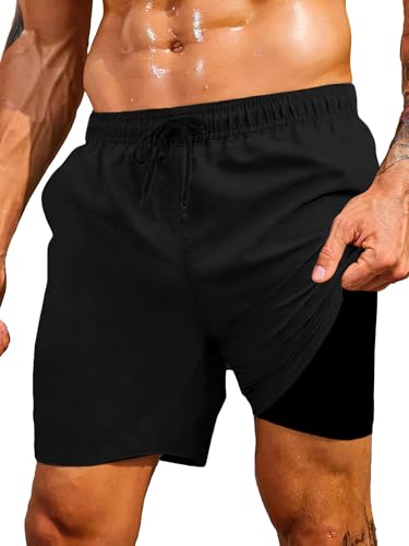 Mens Swim Trunks Swim Shorts Quick Dry 7 inch Inseam Beach Shorts with Compression Mesh Liner and Pocket2