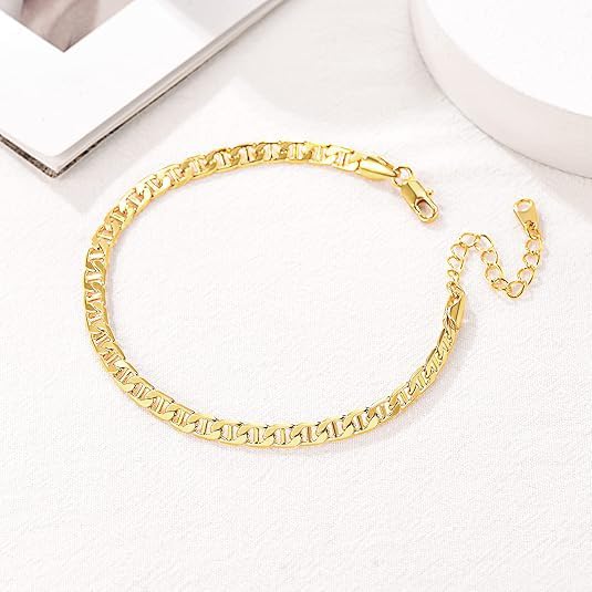 Image of FOCALOOK 14K Gold Plated Anklets for Women Waterproof Plus Size Ankle Bracelet 8.5-10.5 Inch Adjustable Mariner /Figaro /Flat Snake /Cuban Link Chain Anklet Jewelry for Summer Beach Holiday