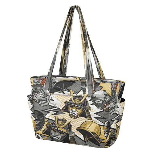 Borsa da spiaggia da donna per viaggi quotidiani con tasche Samurai Lucha Libre Mask Retro Comic Pattern