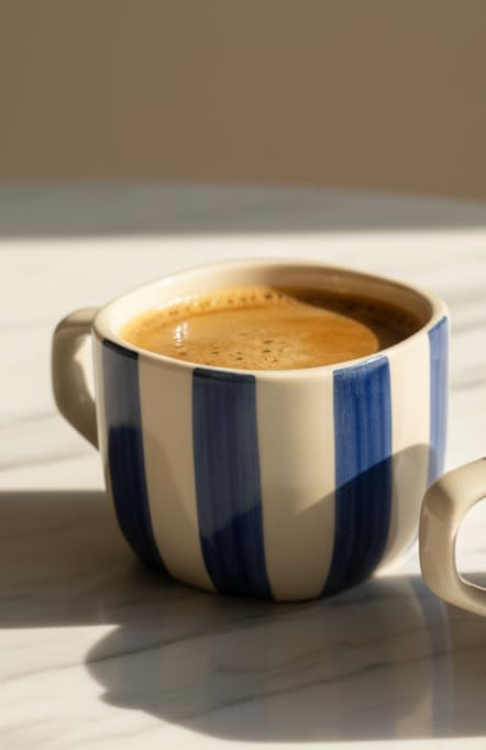 Image of DATA Ceramic Zen Stripes Hand Painted Coffee Mugs in Blue Lines, Set of 6, 199 Ml