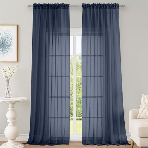 Image of OWENIE Navy Blue Sheer Curtains 120 Inches Long 2 Panels Set, Airy Lightweight Sheer Navy Blue Curtain for Living Room Bedroom, Farmhouse Voile Filmy Rod Pocket Curtains Drapes, 2 Pcs, Each 59 inchWx120 inchL