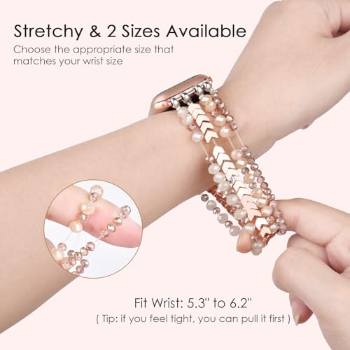 Image of MOFREE Beaded Bracelet Compatible for Apple Watch Band 38mm 40mm 41mm 42mm 44mm 45mm Women,Fashion Handmade Elastic Stretch Strap for iWatch Series SE 8 7 6 5 4 3 2 1