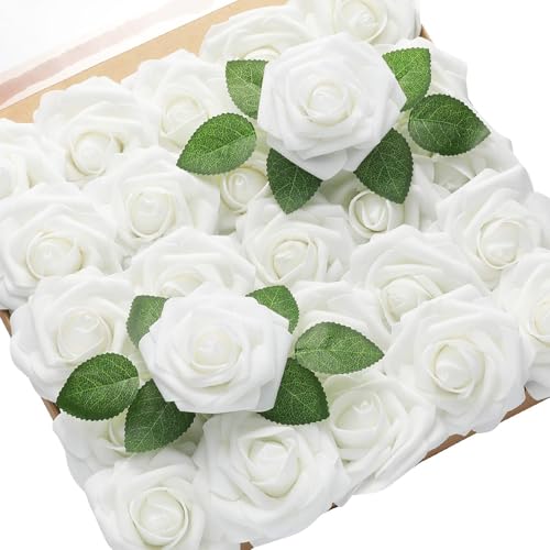 Coztie Künstliche Rosen, 25 Stück Blumen Schaumrosen, Gefälschte Kunstrose Rose Künstliche, Deko Blumen Fake Rosen für DIY Hochzeit Blumensträuße Braut Zuhause Dekoration Reines Weiß
