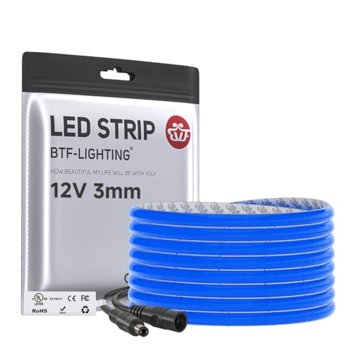 Image of BTF-LIGHTING Blue Color 3mm Width Ultra Thin FCOB COB LED Strip,UL Listed Super Narrow Uniform Light,16.4FT DC12V CRI90+ LED Tape Light for Home Indoor DIY Lighting(No Adapter or Controller)