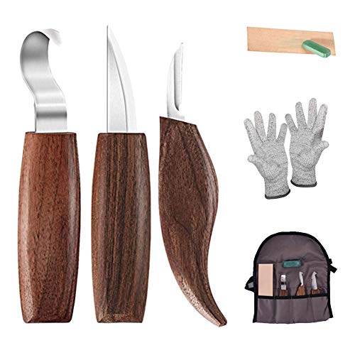 FAGORY 01 Juego Madera 6 en 1 u0096 Incluye Gancho Cortar virutas, Guantes, afilador de Cuchillos de tallar, Herramientas para carpintería para Principiantes