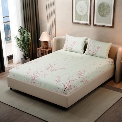 Image of BLISSHOME SoftTouch 140TC Cotton King Size Fitted Bedsheet with 2 Pillow Covers, Silky Smooth Bedding Set, Breathable, Easy Maintain, Floral Print - Pink, White (182cm x 198cm x 25cm Drop)