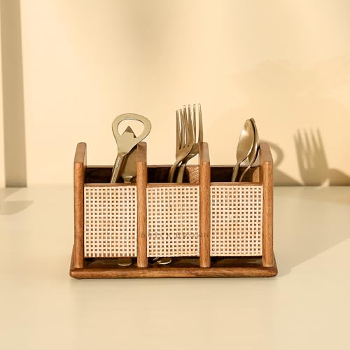 Image of Brick Brown Premium Wooden Nora Cutlery Holder Spoon Stand for Kitchen | Cutlery holder for Dining table | Wooden Caddy Storage Organiser Stand with 3 Section Caddy Holder (8.4x4x4.7 inch)