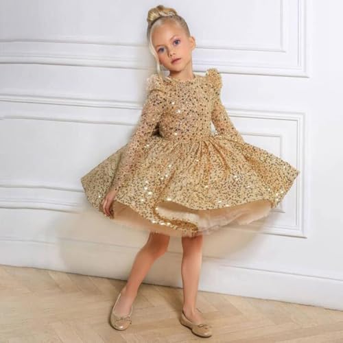 Sparkly Sequin Flower Girl Dress Long Sleeves Pageant Dress Short First Communion Dress with Bow Knot CT022