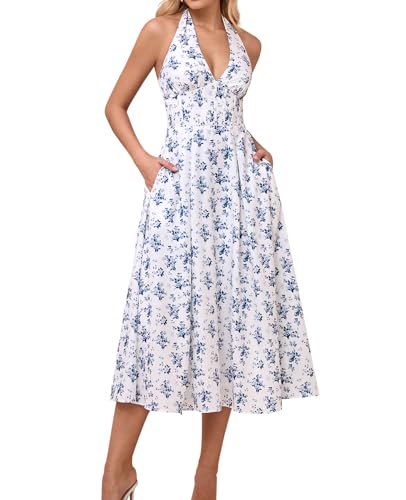 GLNEGE Floral Halter Corset Midi Sun Dress V Neck Bow Tie Smocked Back Flowy Wedding Guest Dresses for Women with Pockets