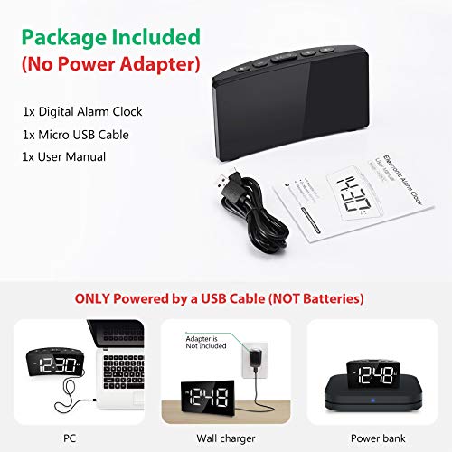PICTEK LED Digital Alarm Clock, Easy to Set, 6-Level Brightness Dimmer, Adjustable Volume with 3 Alarm Sound, Clear White Digit, 12/24Hr, Snooze, Digital Clock for Bedrooms Desk (No USB Power Adapter)