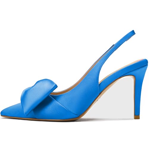 Image of Women's Slingback Heels with Bow Pointed Toe Pumps with Elasticated Strap 3.3 inch High Heels for Evening Dress Shoes