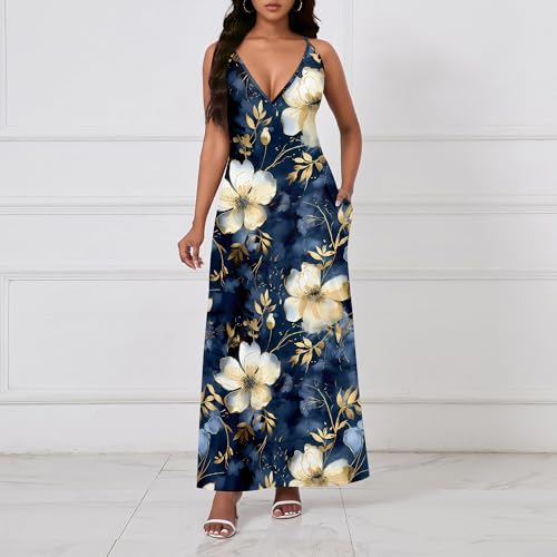 Image of Women Spaghetti Strap Maxi Dress with Pockets | Soft fabric relaxed fit sleeveless v neck with pockets for party and daily wear