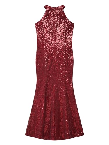 renvena Kids Girls Allover Sequins Mermaid Dress Halter Sleeveless Split Fish Tail Skirt Maxi Flower Dress4