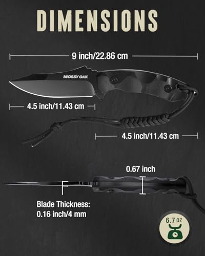 Image of Mossy Oak 9 inch Fixed Blade Hunting Knife with Sheath - Black | 14C28N Full Tang; G10 Handle; Outdoor Knife for Survival, Camping, Hiking