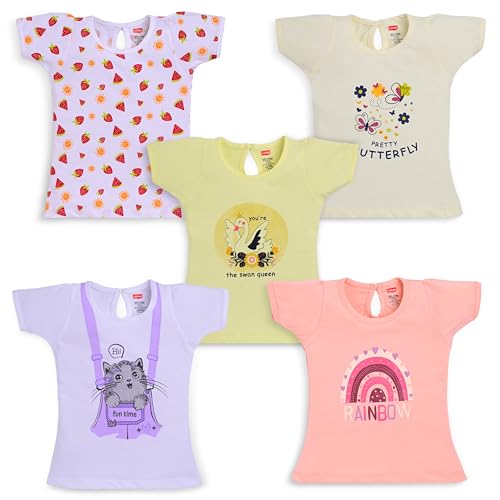 Image of LuvLap Baby Girls Regular Fit 100% Cotton Half Sleeves Girls Top Pack of 5