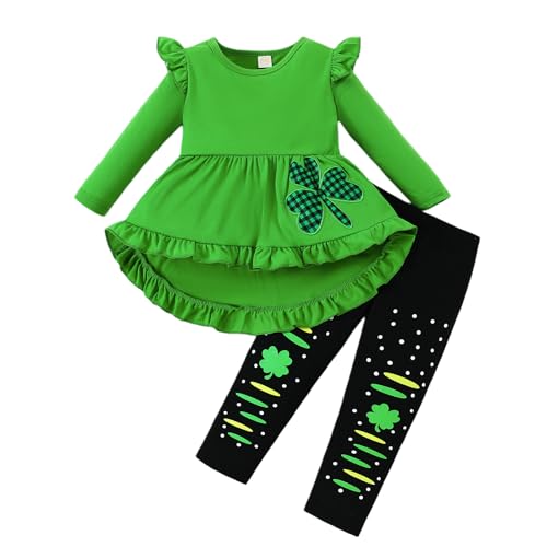 Image of Goodplayer Toddler Girls St.Patrick's Day Outfits Long Sleeve Clover Dress Shirt Shamrock Print Pants Clothes Set