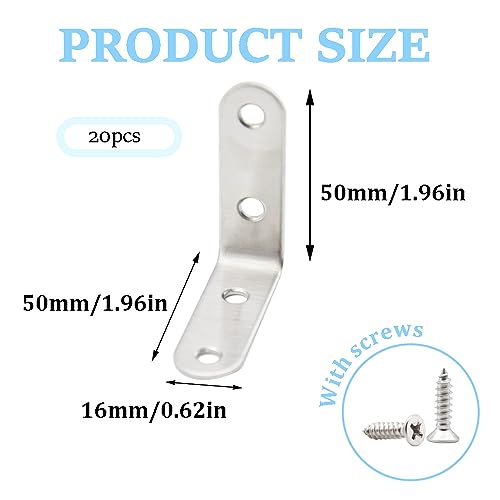 CEEYSEE 20pcs L Brackets 50×50mm Stainless Steel 90 Degree Shaped Angle Corner Bracket with 80 Stainless Screws for Fixing Wood Furniture Tables Chairs Door Window Bookshelves etc(U50) - Image 2