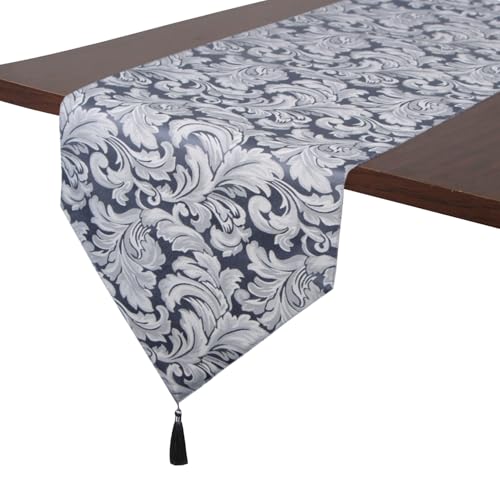 EHouseHome Jacquard Damask Reversible Blue and Grey Table Runners with Tassels 13 x 72 inch Wrinkle and Water Resistant Spill-Proof Decorative Dining and Wedding Runners