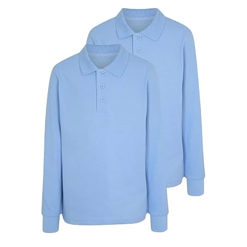 Image of LUXFAB Boys Plain Polo Shirts Kids Summer Long Sleeve School T-Shirts Top School Shirts Uniform PE Top Sky Blue