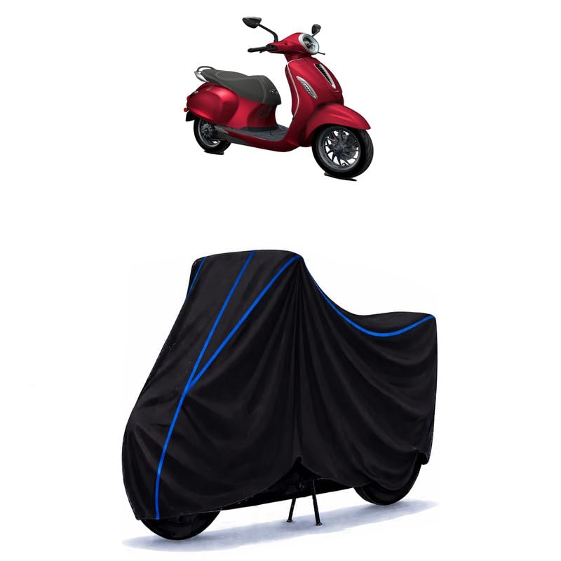 Image of Scooty Cover Water Resistant for Chetak EV | Universal Scooter & Bike Cover | Heavy Duty UV Dust, Rain & Scratch Protection | Elastic Fit All Weather Indoor Outdoor | Black with Blue Piping