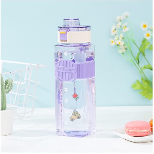 720ml Bottle with Straw Sport Water Bottle with Anti-slip Silicone Sleeve BPA Free Leakproof Plastic Drinks Bottle with Lock Reusable Bottle for Student With Free Stickers -1 (Purple)