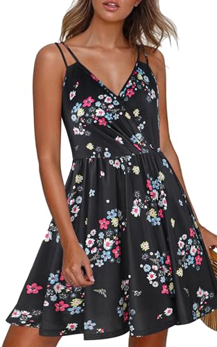 Image of ECOWISH Summer Dresses for Women 2026 V-Neck Spaghetti Strap Bowknot Backless Sleeveless Lace Mini Swing Skater Dress