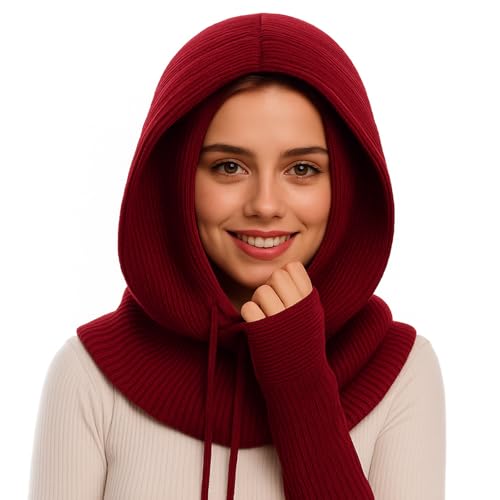 HEYANN Mütze Damen Winter,Balaclava Hut Kapuzen-Schal Sturmhaube Winter Kaschmir Strickmütze Mütze Skimaske Skimütze Outdoor Winddichter Frauen Sturmhaube Kapuze Huts (Rotwein)